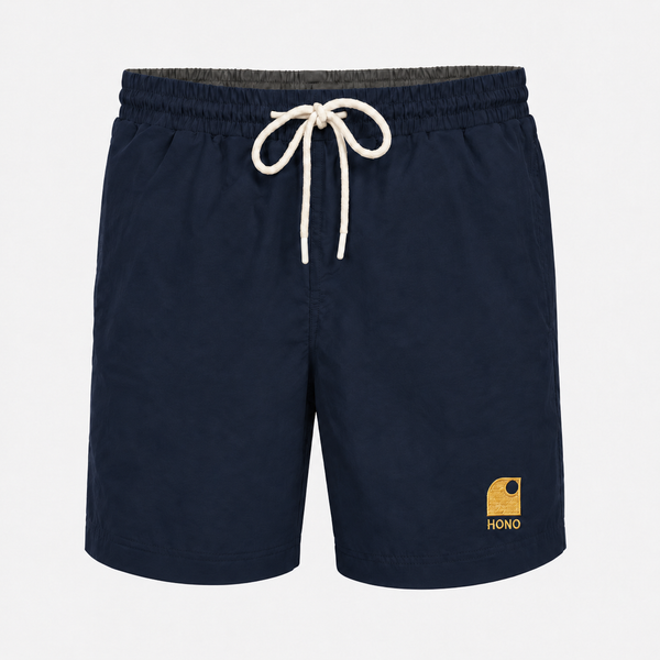 Boardshort surf homme HONO bleu marine en matière recyclée avec logo brodé jaune