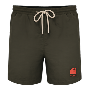Boardshort surf homme HONO kaki en matière recyclée avec logo brodé corail