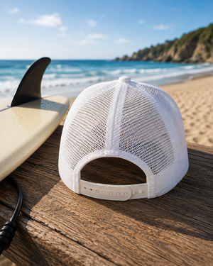 Dos de la casquette surf trucker blanche recyclée HONO avec fermeture snapback réglable, posée sur une table en bois face à l'océan à côté d'une planche de surf.