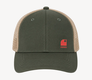 Casquette surf trucker HONO kaki et beige en coton bio avec broderie corail, vue de face sur fond blanc.