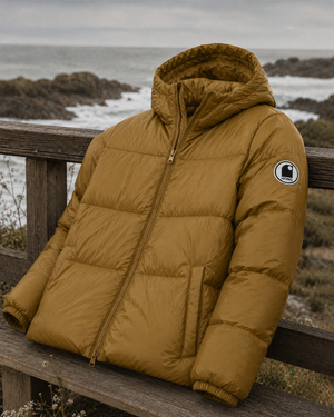 Doudoune chaude en nylon recyclé HONO Surfwear bronze posée sur une rambarde en bois face à l’océan