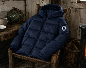 Doudoune hiver navy écoresponsable HONO mise en scène dans une cabane de pêcheur, esprit surf et bord de mer