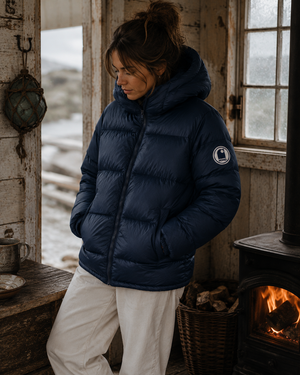 Doudoune hiver navy écoresponsable HONO portée par une femme dans une cabane de pêcheur, esprit surf et bord de mer
