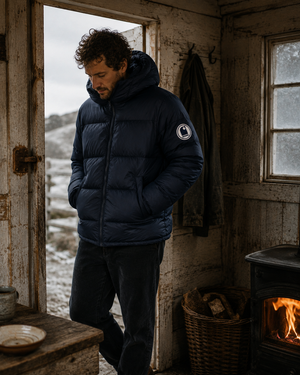 Doudoune hiver navy écoresponsable HONO portée par un homme dans une cabane de pêcheur, esprit surf et bord de mer
