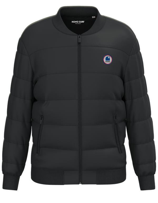 Doudoune unisexe HONO SURFnoire en matériaux recyclés – surfwear éco responsable, marque française inspirée par l’océan