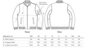 Guide des tailles veste bomber noir durable Surf HONO Signature TIKI avec mesures en cm