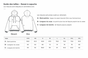 Guide des tailles sweat à capuche HONO vintage oversizeen coton bio avec schéma des mesures demi-poitrine, longueur du corps et longueur de manche.