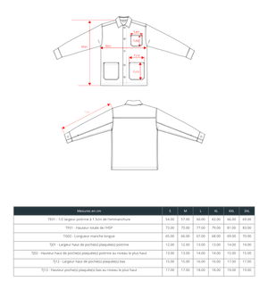 guide des tailles veste worker unisexe HONO surfwear tableau mesures poitrine longueur manches coupe droite