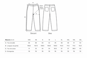 guide des tailles jogging surfwear HONO unisexe mesures taille hanches longueur coupe confortable