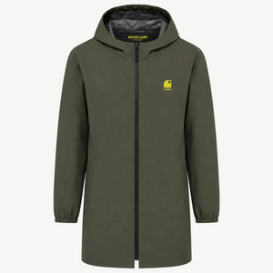 Imperméable léger recyclé kaki HONO, broderie jaune, vêtements de surf surfwear durable et éco-responsable, marque française