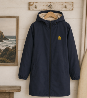 Imperméable recyclé bleu marine HONO doublé en polaire recyclée, broderie jaune, vêtements de surf surfwear durable et éco-responsable, marque française