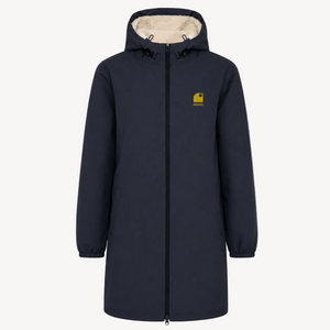 Imperméable recyclé bleu marine HONO doublé en polaire recyclée, broderie jaune, vêtements de surf surfwear durable et éco-responsable, marque française