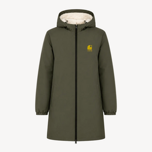Imperméable recyclé kaki HONO doublé en polaire recyclée, broderie jaune, vêtements de surf surfwear durable et éco-responsable, marque française