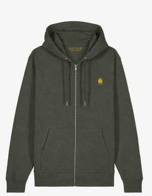 Sweat à capuche zippé kaki HONO Surf en coton bio, marque de surf française éco-responsable