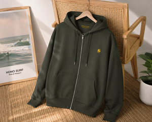 Hoodie zippé à capuche vert kaki HONO en coton bio, marque de surf française éco-responsable