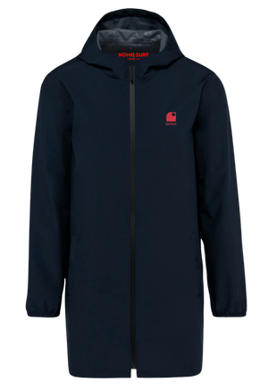 imperméable HONO surfwear bleu marine en matière recyclée avec logo corail brodé et capuche