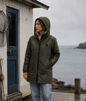 Imperméable kaki HONO doublé polaire avec capuche et broderie noire, porté par une femme, surfwear bio écoresponsable et marque française
