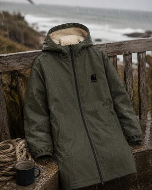 Imperméable kaki HONO doublé polaire, broderie noire, surfwear bio écoresponsable et marque française