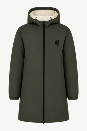 Imperméable recyclé kaki HONO doublé polaire avec capuche et broderie noire, surfwear bio écoresponsable et marque française