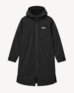 Parka longue noire doublée polaire Sport Extrême HONO Surfwear en matière recyclée, vêtement de surf technique et chaud