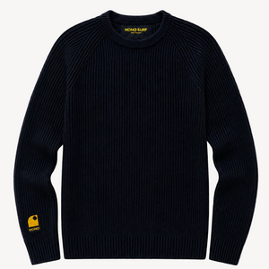 Pull Coastlife homme Navy Blue en coton bio et polyester recyclé avec logo HONO brodé jaune sur la manche-vêtements de surf