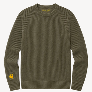 Pull HONO Surf Coastlife homme kaki en coton bio et polyester recyclé avec logo HONO brodé jaune sur la manche