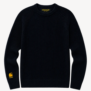 Pull HONO Surf Coastlife homme noir en coton bio et polyester recyclé avec logo HONO brodé jaune sur la manche