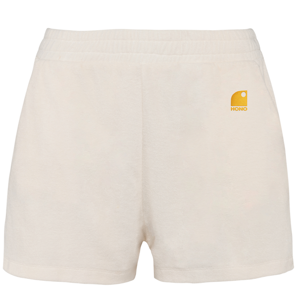 Short éponge éco responsable femme ivoire broderie jaune