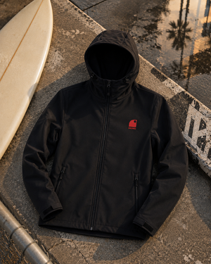 Veste softshell 3 couches recyclée noire avec broderie HONO, marque de surf française écoresponsable