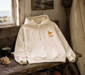 Sweat à capuche ivoire HONO avec logo vintage jaune et orange, surfwear bio écoresponsable et marque française