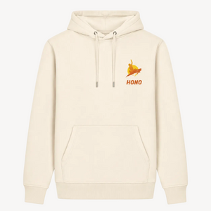 Sweat à capuche écru HONO avec logo vintage jaune et orange, surfwear bio écoresponsable et marque française