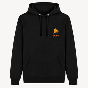 Sweat à capuche noir HONO avec logo vintage jaune et orange, surfwear bio écoresponsable et marque française