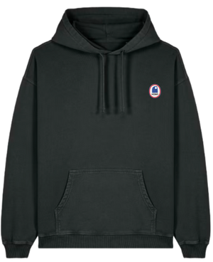 Sweat à capuche vintage noir used HONO Surfwear durable en coton biologique avec logo brodé sur la poitrine