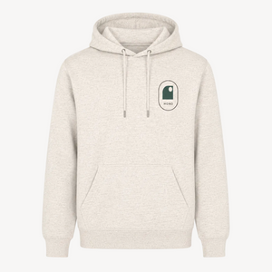 Sweat à capuche écru HONO avec logo vert et noir, surfwear bio écoresponsable et marque surf rançaise
