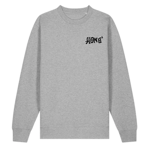 Sweat TIKI HONO surfwear durable gris vue face avec visuel HONO SURF noir