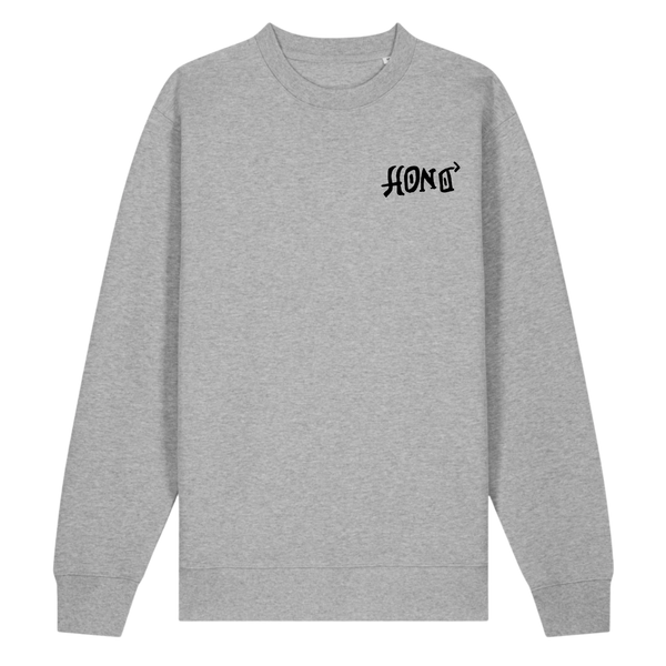 Sweat TIKI HONO surfwear durable gris vue face avec visuel HONO SURF noir