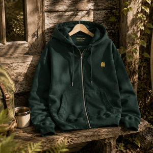 Sweat zippé à capuche vert foncé HONO Surf en coton bio, marque  de surf française et durable, ambiance surf vintage