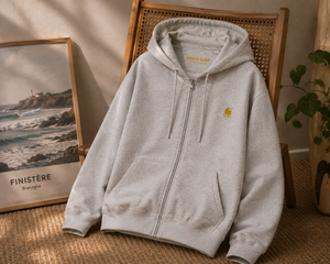 sweat surf zippé à capuche gris HONO en coton bio, marque de surf française éco-responsable