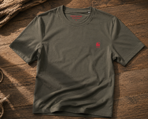 T-shirt  surf bio HONO kaki unisexe avec broderie corail, vêtement de surf français éco-responsable, marque de surf française durable
