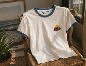 T-shirt  surf femme vintage bi-colore ivoire et bleu HONO Surf en coton bio, marque de surf française éco-responsable