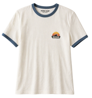 T-shirt femme surfwear HONO vintage beige col bleu avec logo poitrine vue face produit