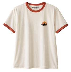 T-shirt femme surfwear HONO vintage beige col corail avec logo poitrine vue face 