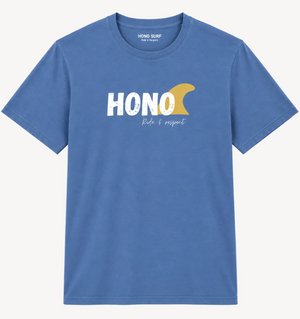 T-shirt HONO Surf bleu en coton bio, style vintage avec logo HONO Ride & Respect