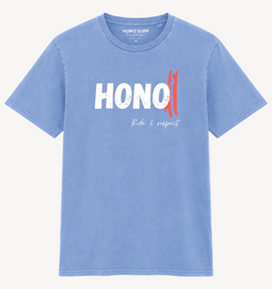 T-shirt HONO Surf bleu en coton bio au style vintage avec logo HONO Ride & Respect