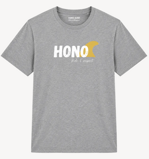 T-shirt HONO Surf gris chambré en coton bio, style vintage avec logo HONO Ride & Respect
