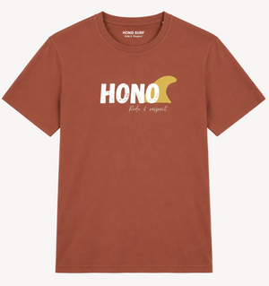 T-shirt HONO Surf marron en coton bio, style vintage avec logo HONO Ride & Respect