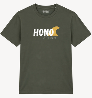 T-shirt HONO Surf vert kaki en coton bio, style vintage avec logo HONO Ride & Respect