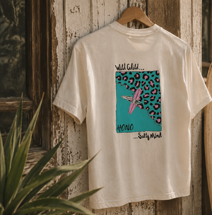 T-shirt ivoire HONO Surf Art Wild Child Salty Mind en coton bio, édition limitée, marque de surf française éco-responsable