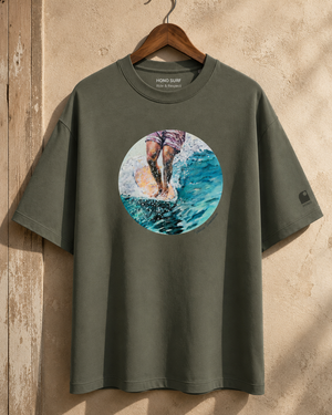 T-shirt surf art HONO vert kaki oversize vintage en coton bio, collab artiste, surfwear français éco-responsable