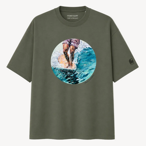 T-shirt  bio surf art HONO vert kaki oversize vintage en coton bio, collab artiste, surfwear  français éco-responsable